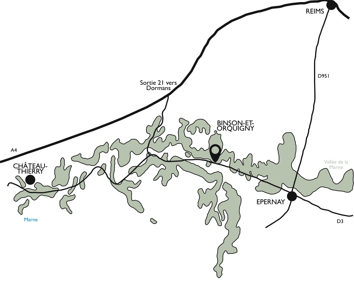 Carte situant Binson-et-Orquigny dans la Vallée de la Marne, entre Château-Thierry, Épernay et Reims