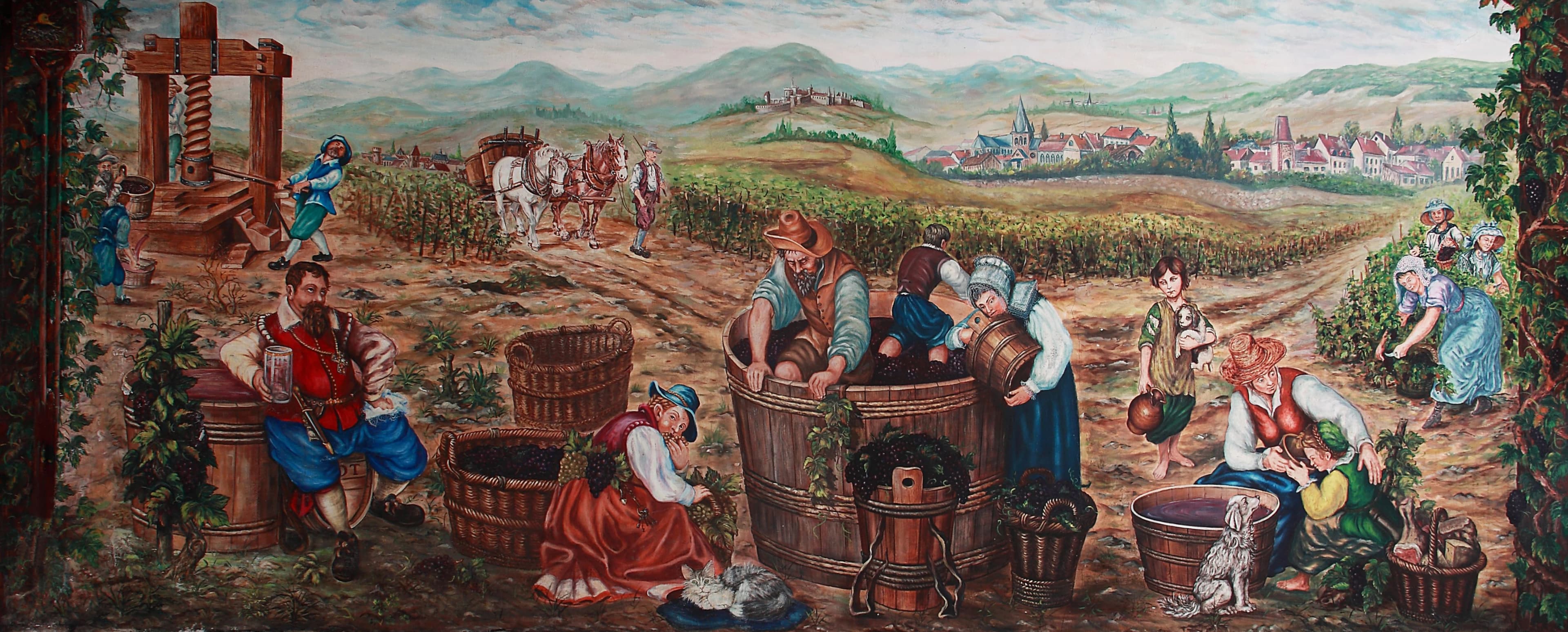 Fresque illustrant l'histoire des vendanges en Champagne